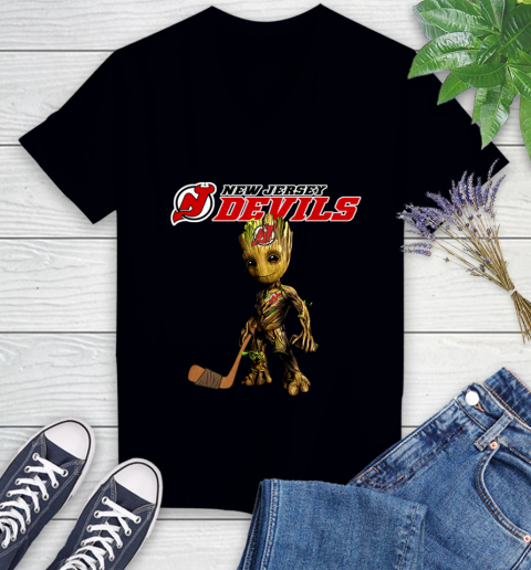 New Jersey Devils NHL Hockey Groot Marvel Guardians Of The Galaxy Women's V-Neck T-Shirt 2
