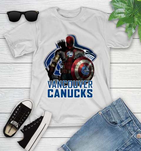NHL Captain America Thor Spider Man Hawkeye Avengers Endgame Hockey Vancouver Canucks Youth T-Shirt