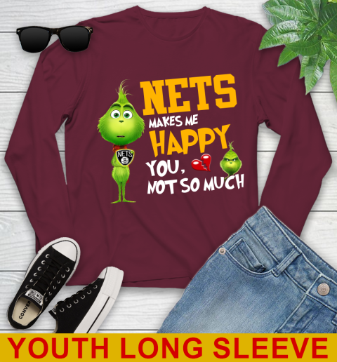 NBA Brooklyn Nets Makes Me Happy You Not So Much Grinch Basketball Sports Youth Long Sleeve 6