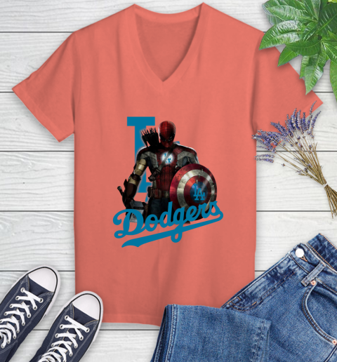 MLB Captain America Thor Spider Man Hawkeye Avengers Endgame Baseball Los Angeles Dodgers Women's V-Neck T-Shirt 6
