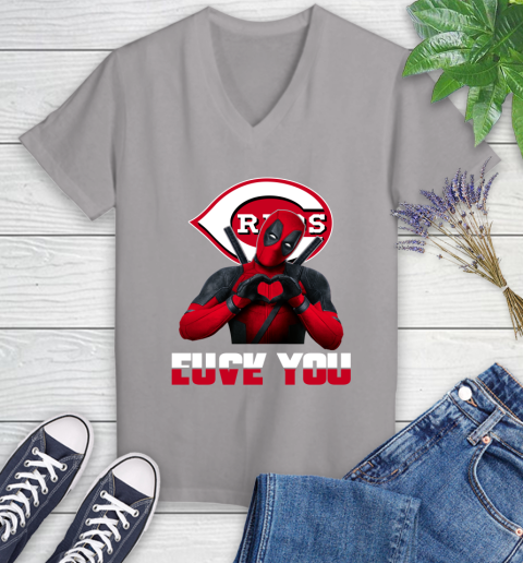 MLB Cincinnati Reds Deadpool Love You Fuck You Baseball Sports Women's V-Neck T-Shirt 4