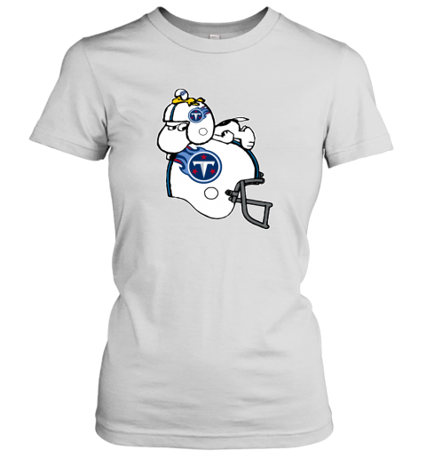 Snoopy And Woodstock Resting On Tennessee Titans Helmet spz6 snoopy and woodstock resting on tennessee titans helmet ladies t shirt 20 front white