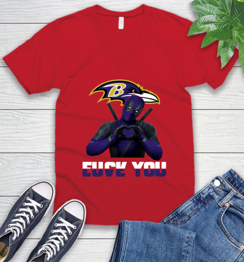 NHL Baltimore Ravens Deadpool Love You Fuck You Football Sports V-Neck T-Shirt 6