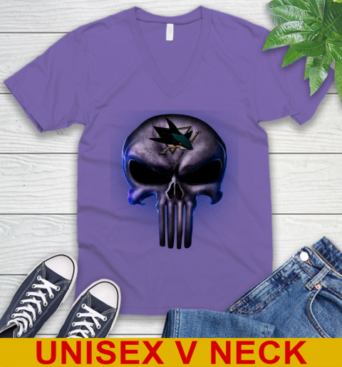 San Jose Sharks NHL Hockey Punisher Skull Sports V-Neck T-Shirt 8