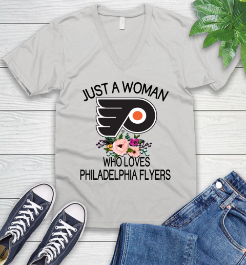 NHL Just A Woman Who Loves Philadelphia Flyers Hockey Sports V-Neck T-Shirt