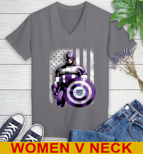 Sacramento Kings NBA Basketball Captain America Marvel Avengers American Flag Shirt Women's V-Neck T-Shirt 11