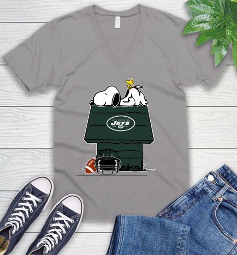 New York Jets NFL Football Snoopy Woodstock The Peanuts Movie V-Neck T-Shirt 4