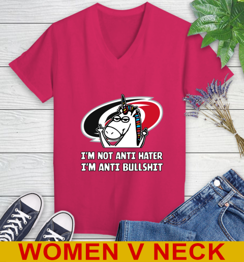 Carolina Hurricanes NHL Hockey Unicorn I'm Not Anti Hater I'm Anti Bullshit Women's V-Neck T-Shirt 10