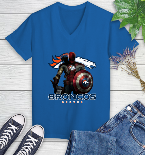 NFL Captain America Thor Spider Man Hawkeye Avengers Endgame Football Denver Broncos Women's V-Neck T-Shirt 10