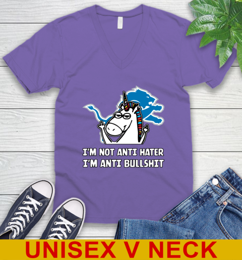 Detroit Lions NFL Football Unicorn I'm Not Anti Hater I'm Anti Bullshit V-Neck T-Shirt 9