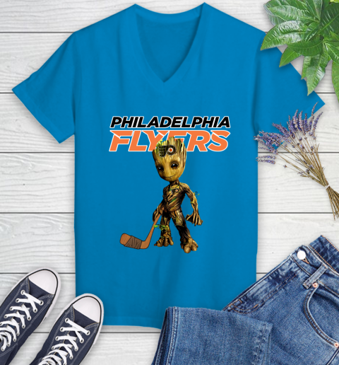 Philadelphia Flyers NHL Hockey Groot Marvel Guardians Of The Galaxy Women's V-Neck T-Shirt 7