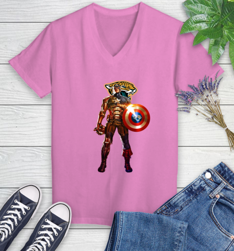 NFL Captain America Marvel Avengers Endgame Football Sports Jacksonville Jaguars Women's V-Neck T-Shirt 14