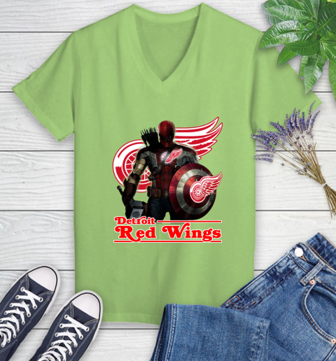 NHL Captain America Thor Spider Man Hawkeye Avengers Endgame Hockey Detroit Red Wings Women's V-Neck T-Shirt 11
