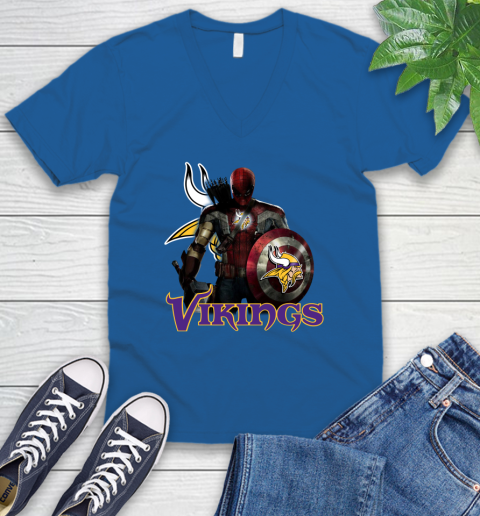 NFL Captain America Thor Spider Man Hawkeye Avengers Endgame Football Minnesota Vikings V-Neck T-Shirt 6