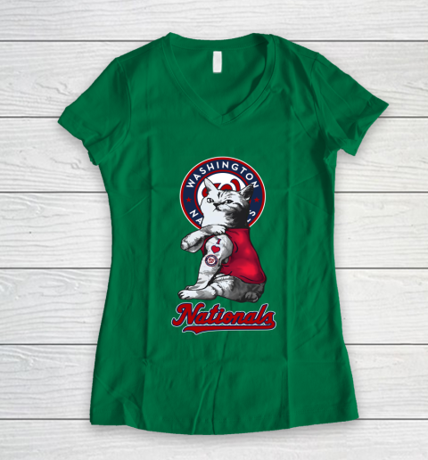 MLB Baseball My Cat Loves Washington Nationals Women's V-Neck T-Shirt 3