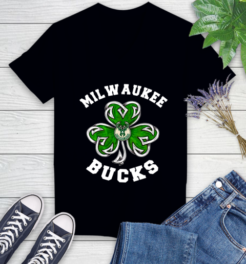 NBA Milwaukee Bucks Three Leaf Clover St Patrick's Day Basketball Sports Women's V-Neck T-Shirt