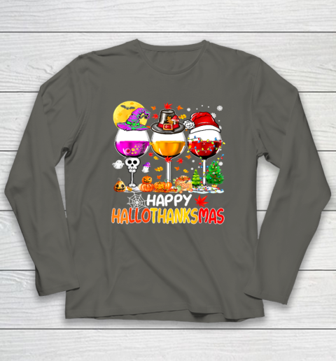 Halloween Thanksgiving Christmas Happy Hallothanksmas Wine Long Sleeve T-Shirt - Image 5