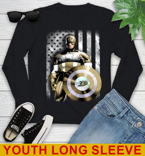 Anaheim Ducks NHL Hockey Captain America Marvel Avengers American Flag Shirt Youth Long Sleeve