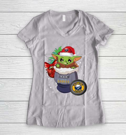 Buffalo Sabres Christmas Baby Yoda Star Wars Funny Happy NHL Women's V-Neck T-Shirt 2