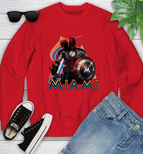 MLB Captain America Thor Spider Man Hawkeye Avengers Endgame Baseball Miami Marlins Youth Sweatshirt 9