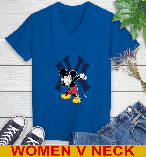 New York Yankees MLB Baseball Dabbing Mickey Disney Sports Women's V-Neck T-Shirt 11