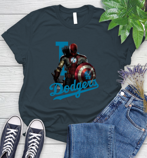 MLB Captain America Thor Spider Man Hawkeye Avengers Endgame Baseball Los Angeles Dodgers Women's T-Shirt 8