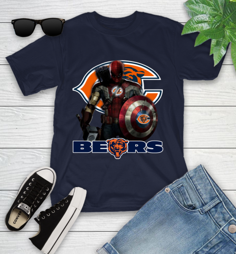 NFL Captain America Thor Spider Man Hawkeye Avengers Endgame Football Chicago Bears Youth T-Shirt 3