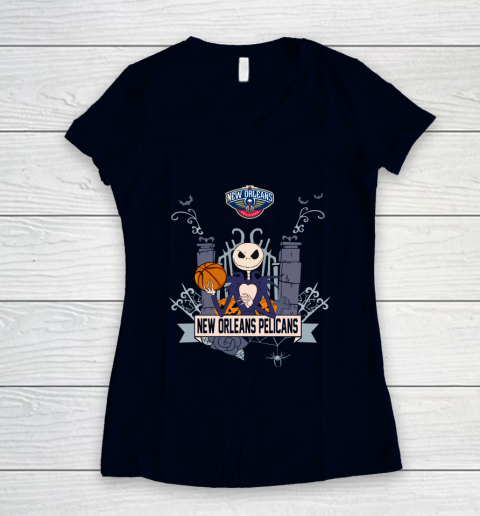 NBA New Orleans Pelicans Basketball Jack Skellington Halloween Women's V-Neck T-Shirt 2