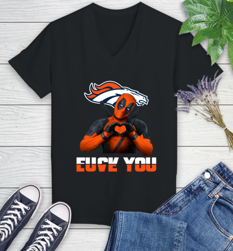 NHL Denver Broncos Deadpool Love You Fuck You Football Sports Women's V-Neck T-Shirt