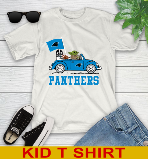 NFL Football Carolina Panthers Darth Vader Baby Yoda Driving Star Wars Shirt Youth T-Shirt