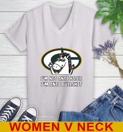 Green Bay Packers NFL Football Unicorn I'm Not Anti Hater I'm Anti Bullshit Women's V-Neck T-Shirt