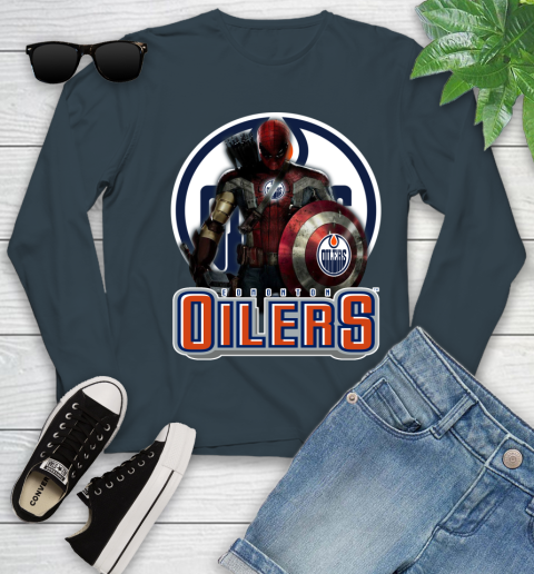 NHL Captain America Thor Spider Man Hawkeye Avengers Endgame Hockey Edmonton Oilers Youth Long Sleeve 8
