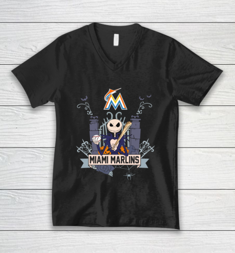 MLB Miami Marlins Baseball Jack Skellington Halloween V-Neck T-Shirt