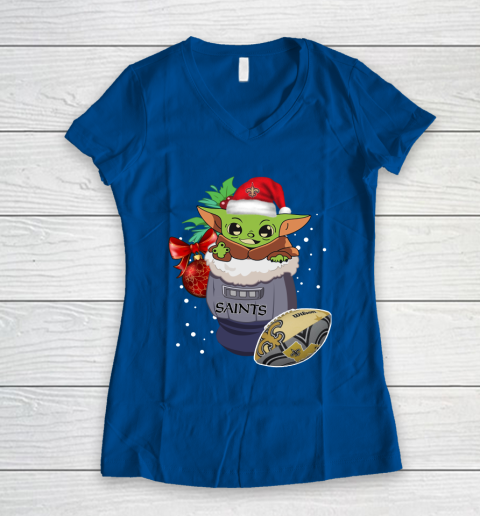 New Orleans Saints Christmas Baby Yoda Star Wars Funny Happy NFL Women's V-Neck T-Shirt 9
