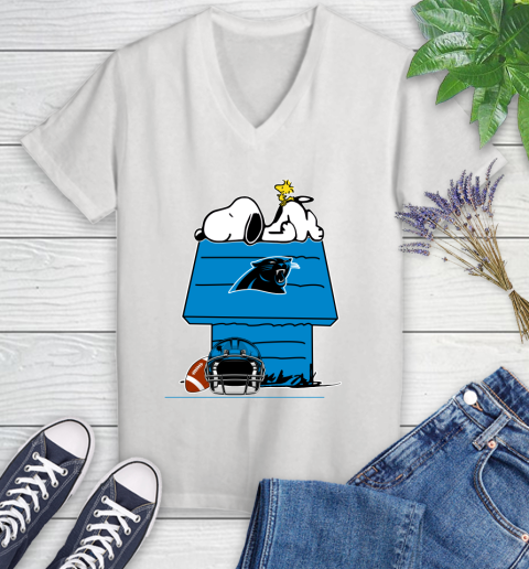 Carolina Panthers NFL Football Snoopy Woodstock The Peanuts Movie Women's V-Neck T-Shirt