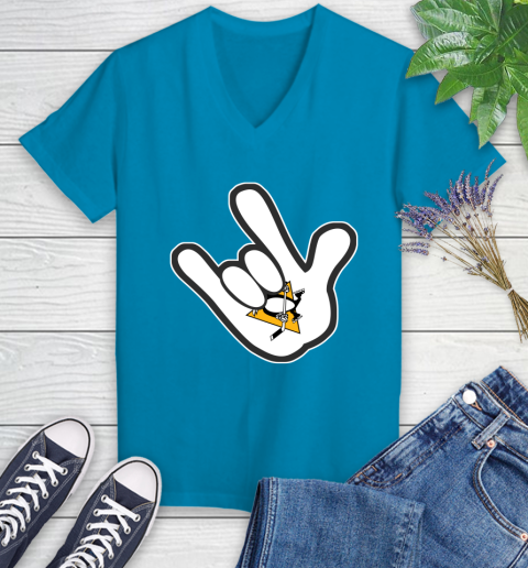 Pittsburgh Penguins NHL Hockey Mickey Rock Hand Disney Women's V-Neck T-Shirt 7