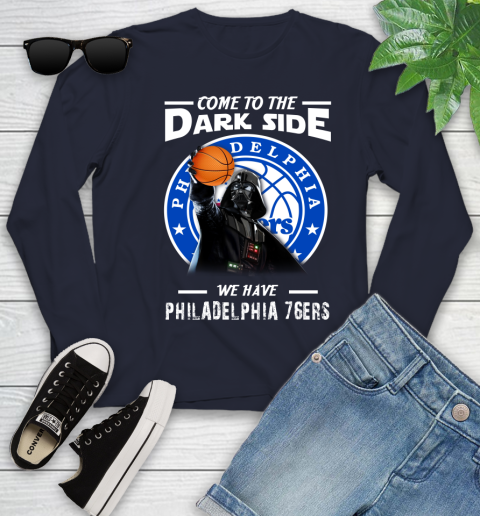 NBA Come To The Dark Side We Have Philadelphia 76ers Star Wars Darth Vader Basketball Youth Long Sleeve 2