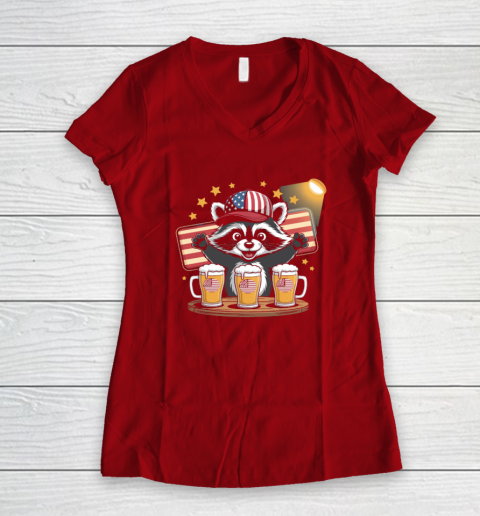 Raccoon red white and brew Funny Independence Day 4th of July Women's V-Neck T-Shirt 6