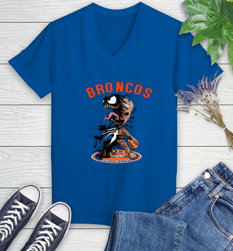 NFL Denver Broncos Football Venom Groot Guardians Of The Galaxy Women's V-Neck T-Shirt 10