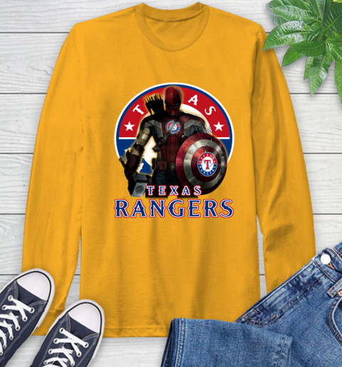 MLB Captain America Thor Spider Man Hawkeye Avengers Endgame Baseball Texas Rangers Long Sleeve T-Shirt 3