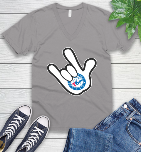 Philadelphia 76ers NBA Basketball Mickey Rock Hand Disney V-Neck T-Shirt 4
