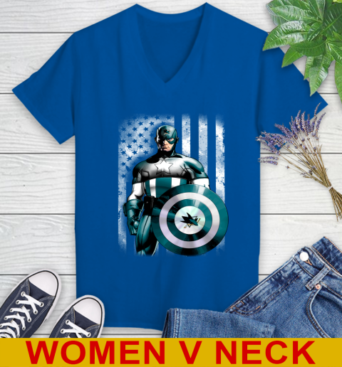 San Jose Sharks NHL Hockey Captain America Marvel Avengers American Flag Shirt Women's V-Neck T-Shirt 9
