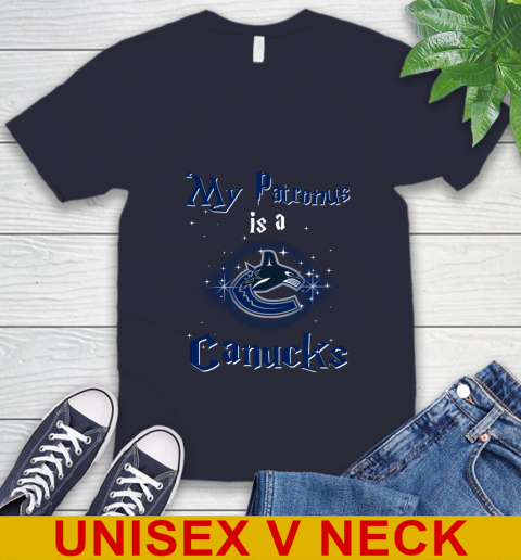 NHL Hockey Harry Potter My Patronus Is A Vancouver Canucks V-Neck T-Shirt 2