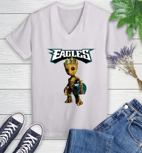 Philadelphia Eagles NFL Football Groot Marvel Guardians Of The Galaxy Women's V-Neck T-Shirt