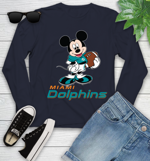 NFL Football Miami Dolphins Cheerful Mickey Mouse Shirt Youth Long Sleeve 3