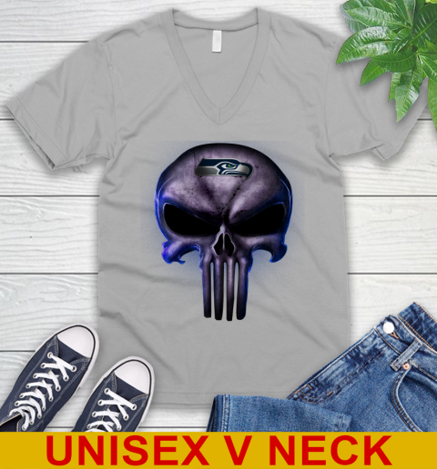 Seattle Seahawks NFL Football Punisher Skull Sports V-Neck T-Shirt 3