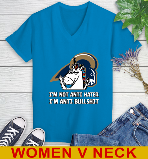 Los Angeles Rams NFL Football Unicorn I'm Not Anti Hater I'm Anti Bullshit Women's V-Neck T-Shirt 8