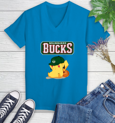 NBA Pikachu Basketball Sports Milwaukee Bucks Women's V-Neck T-Shirt 7