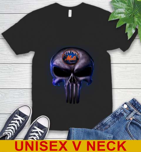 New York Mets MLB Baseball Punisher Skull Sports V-Neck T-Shirt
