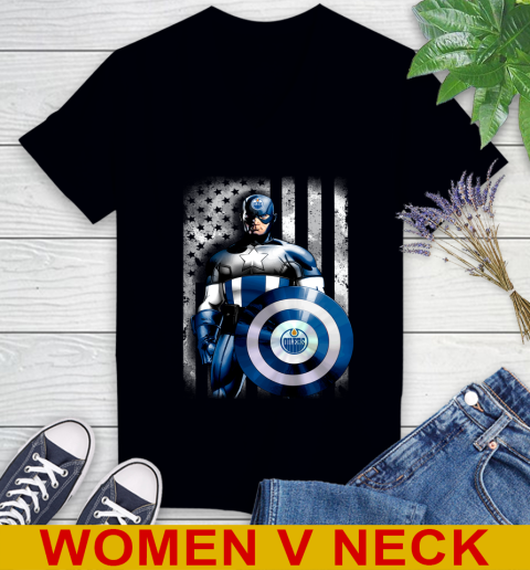 Edmonton Oilers NHL Hockey Captain America Marvel Avengers American Flag Shirt Women's V-Neck T-Shirt
